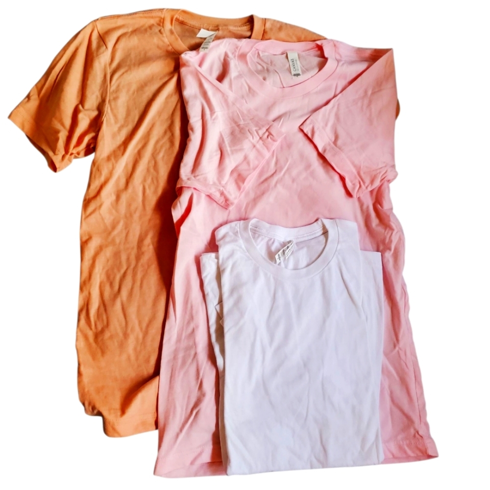 Three Bella Canvas Tees Size Small, Light Pink, Salmon And White